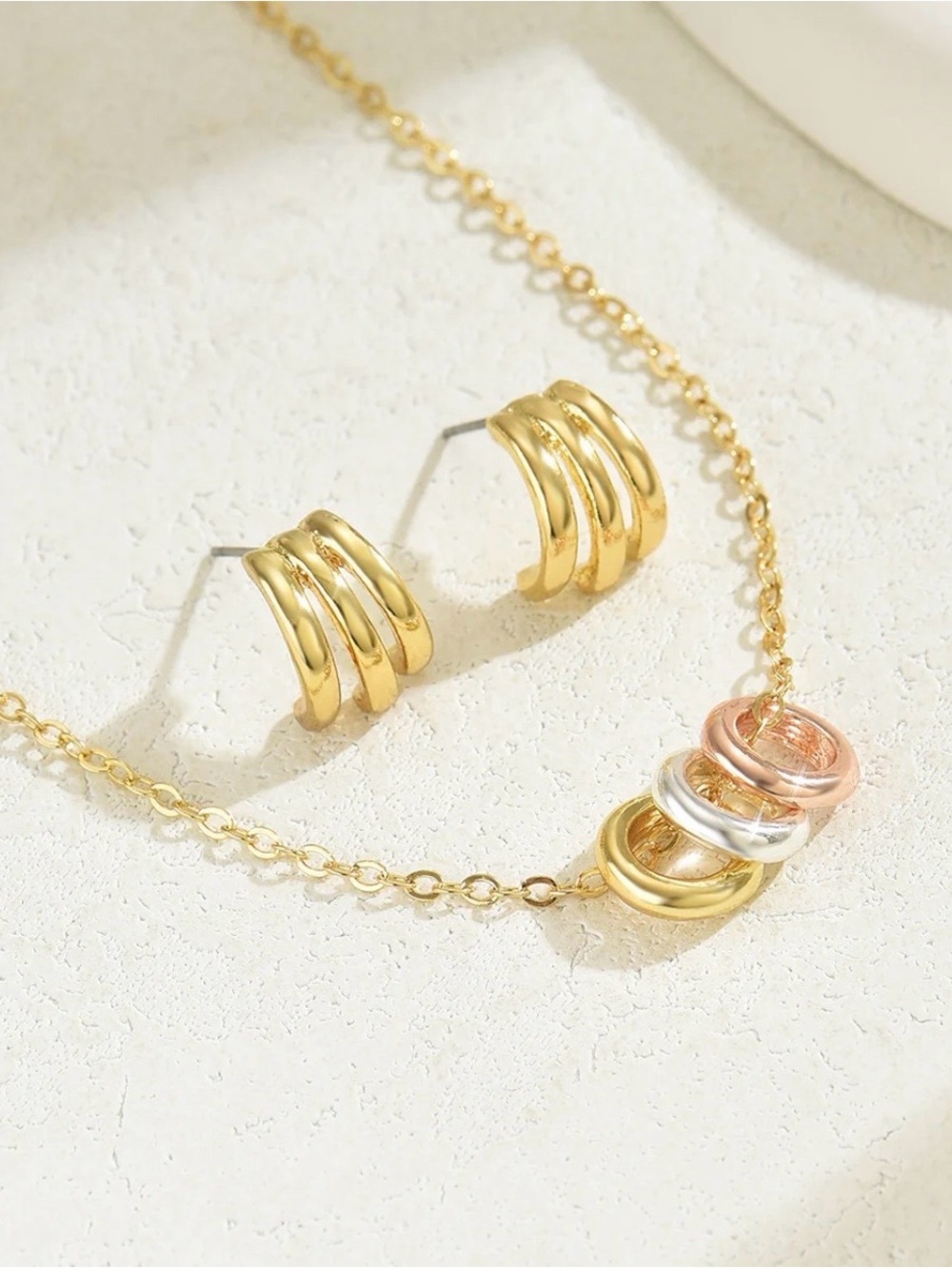 Trio-Tone Hoop Necklace and Earrings Set - Gold, Silver, Rose Gold